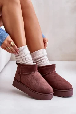 Śniegowce Damskie Na Platformie Ocieplane Futerkiem Ciemnobrązowe Xamella