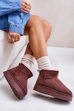 Śniegowce Damskie Na Platformie Ocieplane Futerkiem Ciemnobrązowe Xamella