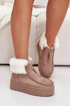 Śniegowce Damskie Na Platformie Z Futerkiem I Suwakiem Ciemnobeżowe Filiala