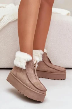 Śniegowce Damskie Na Platformie Z Futerkiem I Suwakiem Ciemnobeżowe Filiala