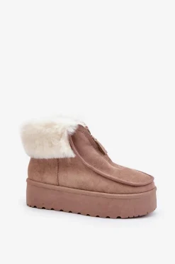 Śniegowce Damskie Na Platformie Z Futerkiem I Suwakiem Ciemnobeżowe Filiala