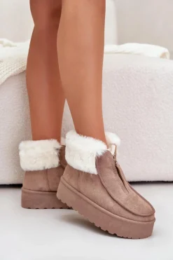 Śniegowce Damskie Na Platformie Z Futerkiem I Suwakiem Ciemnobeżowe Filiala