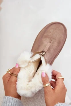 Śniegowce Damskie Na Platformie Z Futerkiem I Suwakiem Ciemnobeżowe Filiala