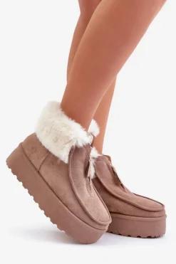 Śniegowce Damskie Na Platformie Z Futerkiem I Suwakiem Ciemnobeżowe Filiala