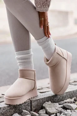 Śniegowce Damskie Na Platformie Ocieplane Futerkiem Jasnobeżowe Xamella