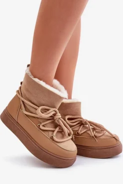 Śniegowce Damskie Na Platformie Ocieplane Futerkiem Camel Aziara