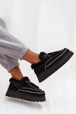 Śniegowce Damskie Na Platformie Z Futerkiem I Frędzlami Czarne Ferayne