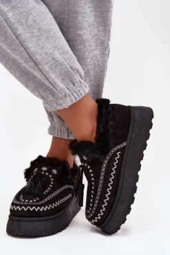 Śniegowce Damskie Na Platformie Z Futerkiem I Frędzlami Czarne Ferayne