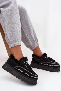 Śniegowce Damskie Na Platformie Z Futerkiem I Frędzlami Czarne Ferayne