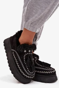 Śniegowce Damskie Na Platformie Z Futerkiem I Frędzlami Czarne Ferayne