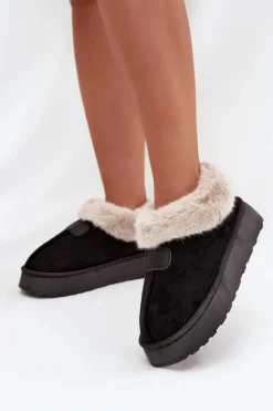 Śniegowce Damskie Na Platformie Z Futerkiem Czarne Calyra