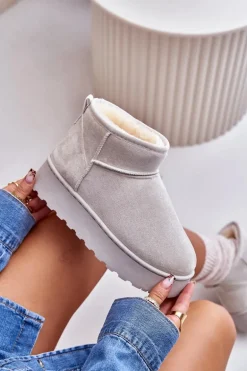 Śniegowce Damskie Na Platformie Ocieplane Futerkiem Jasnoszare Xamella