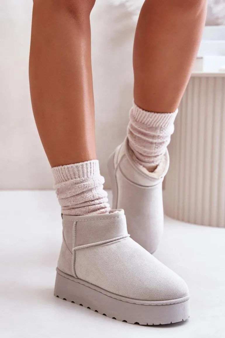 Śniegowce Damskie Na Platformie Ocieplane Futerkiem Jasnoszare Xamella