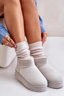 Śniegowce Damskie Na Platformie Ocieplane Futerkiem Jasnoszare Xamella