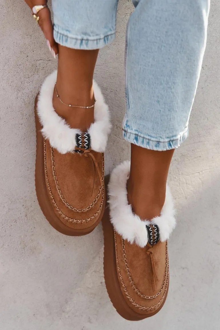 Śniegowce Damskie Na Platformie Z Futerkiem I Przeszyciami Camel Kellina