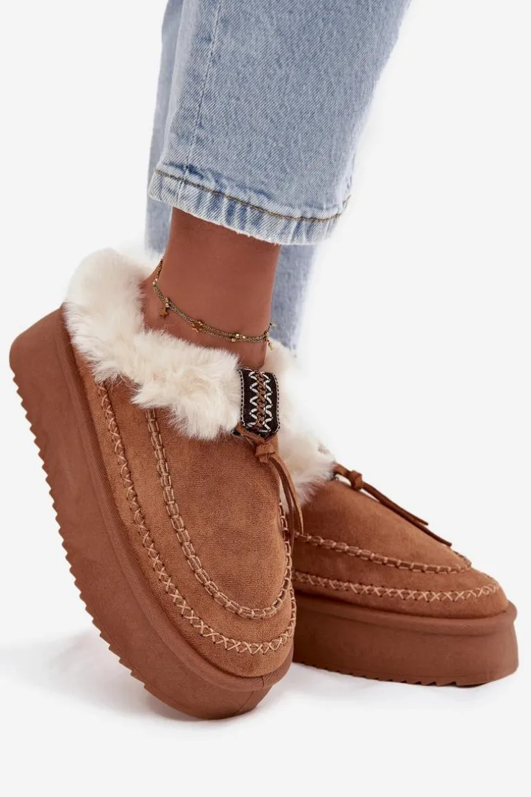 Śniegowce Damskie Na Platformie Z Futerkiem I Przeszyciami Camel Kellina