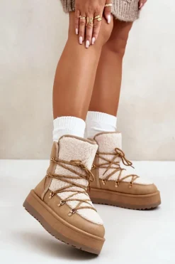 Śniegowce Damskie Na Platformie Z Wiązaniem Jasnobrązowe Riaviana
