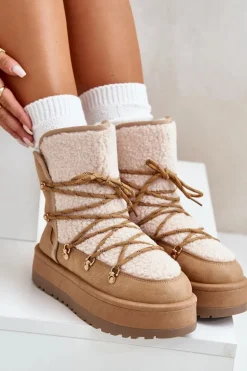 Śniegowce Damskie Na Platformie Z Wiązaniem Jasnobrązowe Riaviana