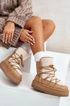 Śniegowce Damskie Na Platformie Z Wiązaniem Jasnobrązowe Riaviana