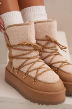 Śniegowce Damskie Na Platformie Z Wiązaniem Jasnobrązowe Riaviana