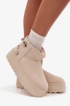 Śniegowce Damskie Na Platformie Z Przypinkami Jasnobeżowe Maelle