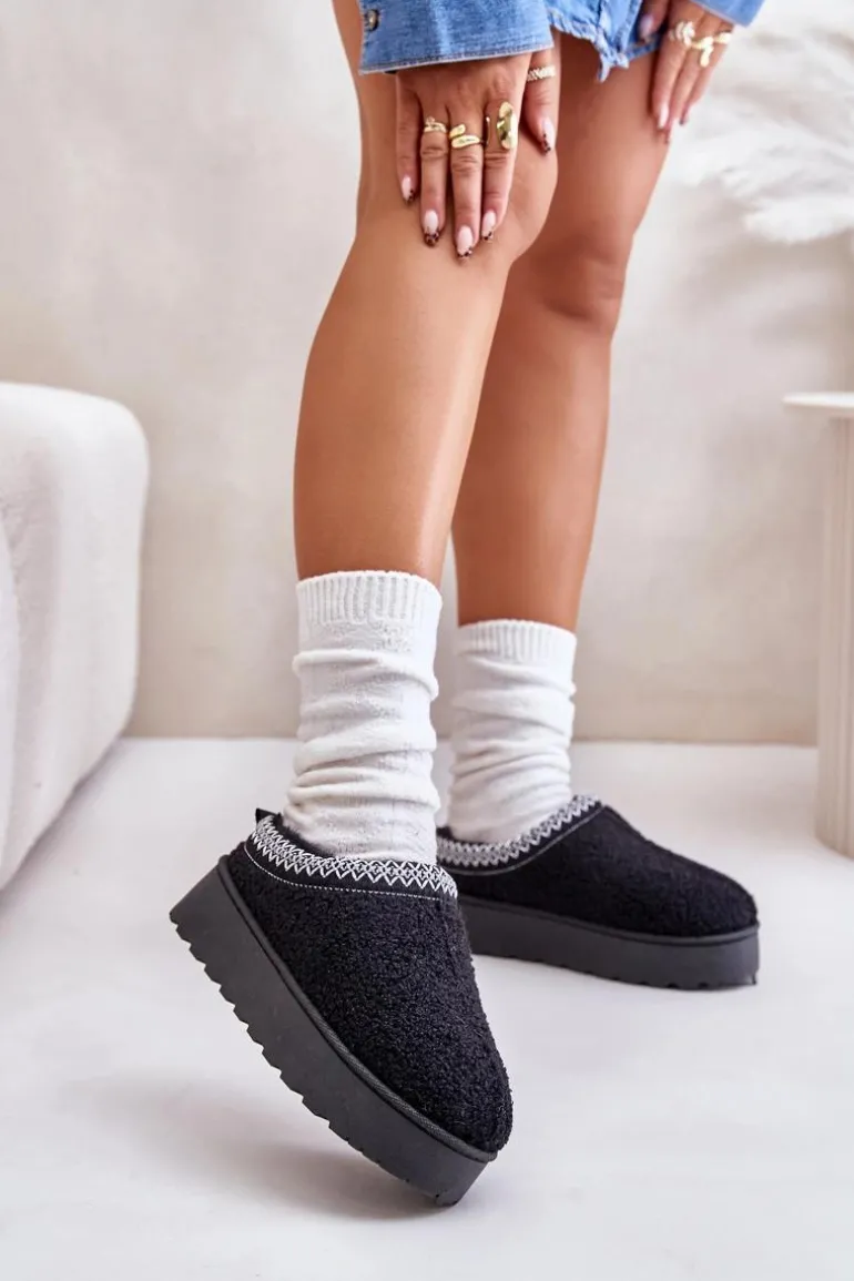 Śniegowce Damskie Na Platformie Z Haftem Czarne Tirissa