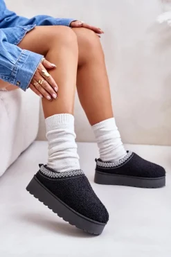 Śniegowce Damskie Na Platformie Z Haftem Czarne Tirissa