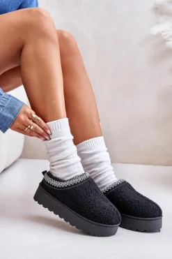 Śniegowce Damskie Na Platformie Z Haftem Czarne Tirissa