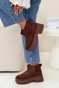 Śniegowce Damskie Niskie Wsuwane Ocieplane Futerkiem Brązowe Mavelle