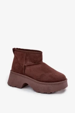 Śniegowce Damskie Niskie Wsuwane Ocieplane Futerkiem Brązowe Mavelle