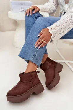 Śniegowce Damskie Niskie Wsuwane Ocieplane Futerkiem Brązowe Mavelle
