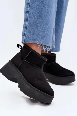 Śniegowce Damskie Niskie Wsuwane Ocieplane Futerkiem Czarne Mavelle