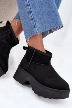 Śniegowce Damskie Niskie Wsuwane Ocieplane Futerkiem Czarne Mavelle