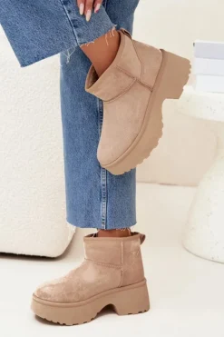 Śniegowce Damskie Niskie Wsuwane Ocieplane Futerkiem Khaki Mavelle