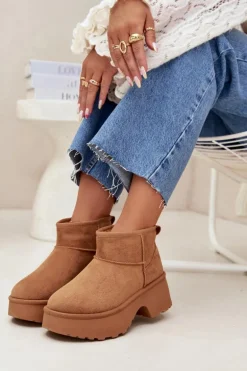 Śniegowce Damskie Niskie Wsuwane Ocieplane Futerkiem Camel Mavelle