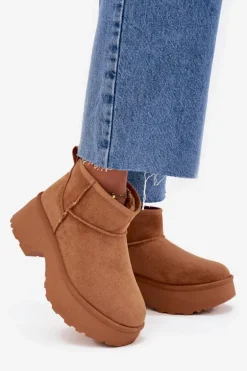 Śniegowce Damskie Niskie Wsuwane Ocieplane Futerkiem Camel Mavelle