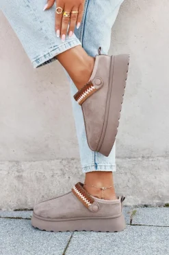 Śniegowce Damskie Niskie Z Ruchomym Paskiem I Haftem Na Platformie Ciemnobeżowe Lyrisse