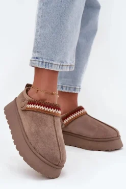 Śniegowce Damskie Niskie Z Ruchomym Paskiem I Haftem Na Platformie Ciemnobeżowe Lyrisse