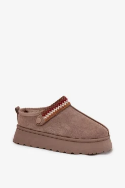 Śniegowce Damskie Niskie Z Ruchomym Paskiem I Haftem Na Platformie Ciemnobeżowe Lyrisse