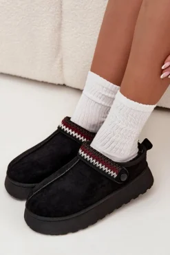 Śniegowce Damskie Niskie Z Ruchomym Paskiem I Haftem Na Platformie Czarne Lyrisse