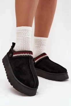 Śniegowce Damskie Niskie Z Ruchomym Paskiem I Haftem Na Platformie Czarne Lyrisse