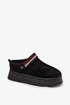 Śniegowce Damskie Niskie Z Ruchomym Paskiem I Haftem Na Platformie Czarne Lyrisse