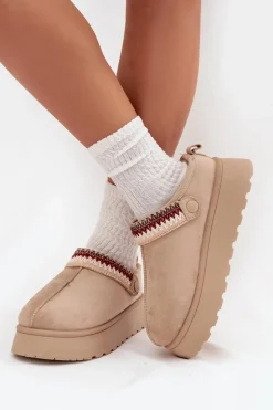 Śniegowce Damskie Niskie Z Ruchomym Paskiem I Haftem Na Platformie Jasnobeżowe Lyrisse