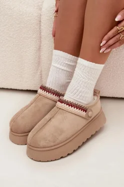 Śniegowce Damskie Niskie Z Ruchomym Paskiem I Haftem Na Platformie Jasnobeżowe Lyrisse