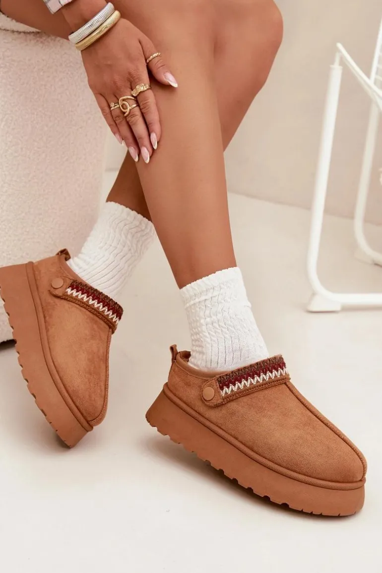 Śniegowce Damskie Niskie Z Ruchomym Paskiem I Haftem Na Platformie Camel Lyrisse