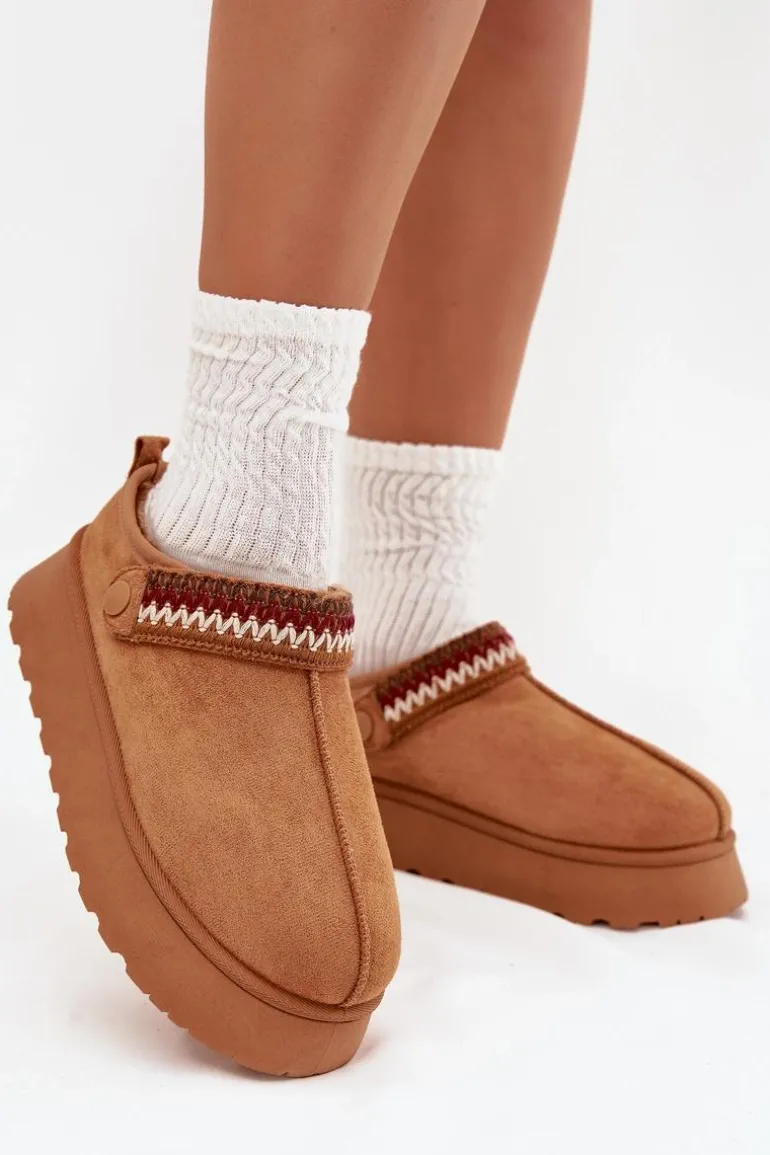 Śniegowce Damskie Niskie Z Ruchomym Paskiem I Haftem Na Platformie Camel Lyrisse