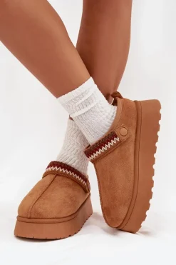 Śniegowce Damskie Niskie Z Ruchomym Paskiem I Haftem Na Platformie Camel Lyrisse