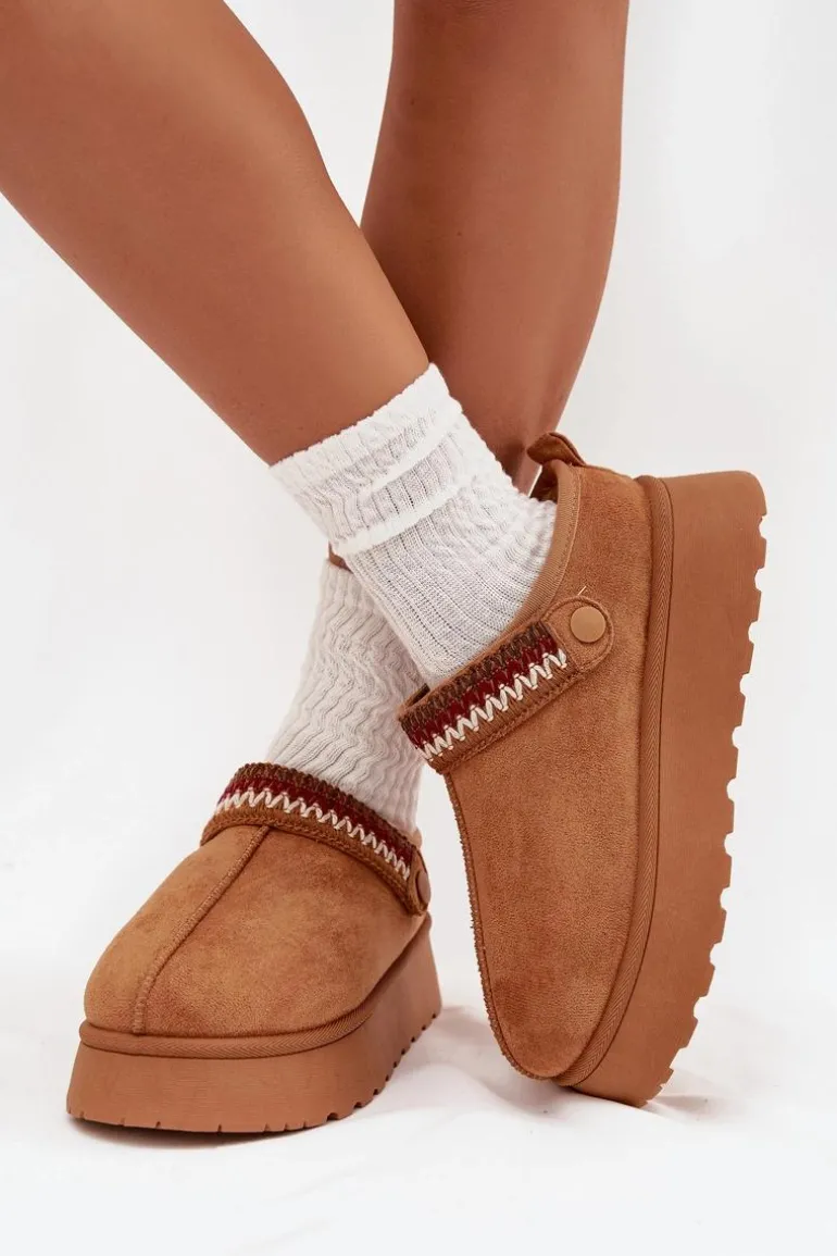 Śniegowce Damskie Niskie Z Ruchomym Paskiem I Haftem Na Platformie Camel Lyrisse