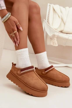 Śniegowce Damskie Niskie Z Ruchomym Paskiem I Haftem Na Platformie Camel Lyrisse