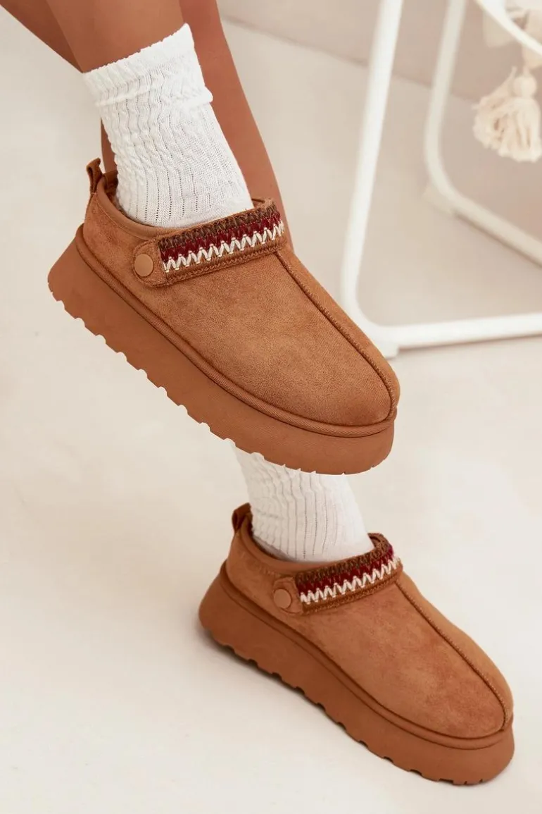 Śniegowce Damskie Niskie Z Ruchomym Paskiem I Haftem Na Platformie Camel Lyrisse